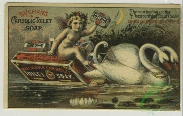 angels-00017 - 1336-Trade cards depicting sailboats, a road, an angel riding a swan drawn boat made of soap, a woman washing clothes and bathing a dog.101277 [2055x1302]