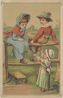 ephemera_advertising_trading_cards-00225 - 0225-Boy, girs, sitting on fence, hats [1943x3000]