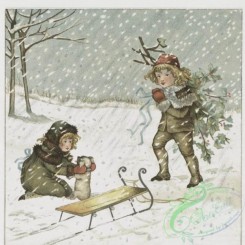 prang_cards_kids-00065 - 0447-Christmas and New Year cards depicting toys, children, sledding, profiles, holly, an umbrella, a river, birds and animals, including dogs, cats, a goa 105886