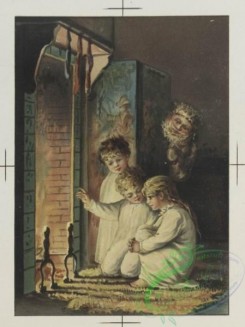 prang_cards_kids-00092 - 0659-Christmas, Valentine, and Birthday cards depicting children by fireplace with Santa Claus, flowers 107161