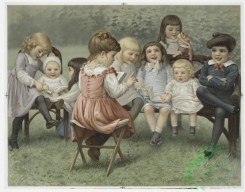 prang_cards_kids-00679 - 0996-Playing school-a print depicting sitting children, books, chairs, a bench, a doll and a green field 108569